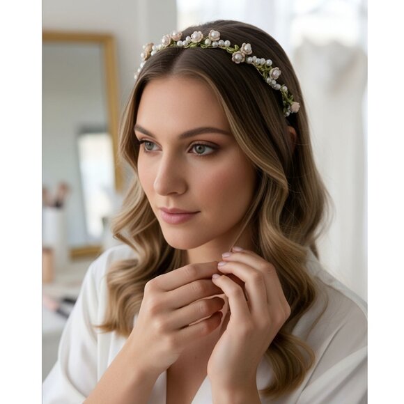 Wavy Gold Bridal Headband ✦ Pale Pink Metal Flowers & Pearls ✦ Formal Hairpiece - Picture 1 of 6